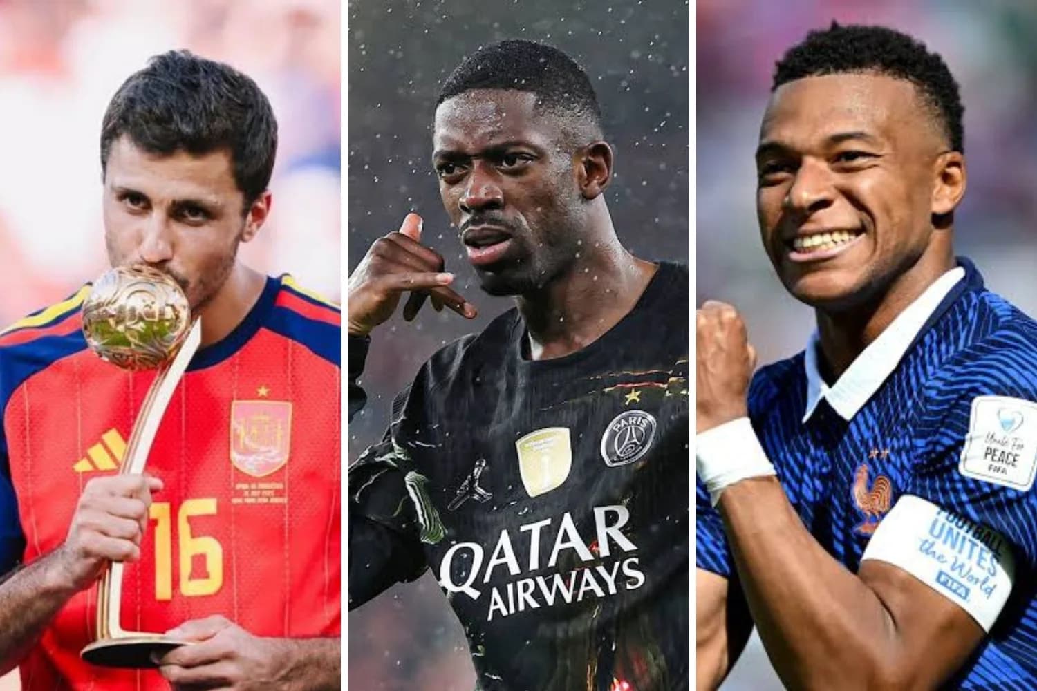 Rodri, Dembélé e Mbappé são alguns dos favoritos à Bola de Ouro de 2026 - Montagem sobre EFE