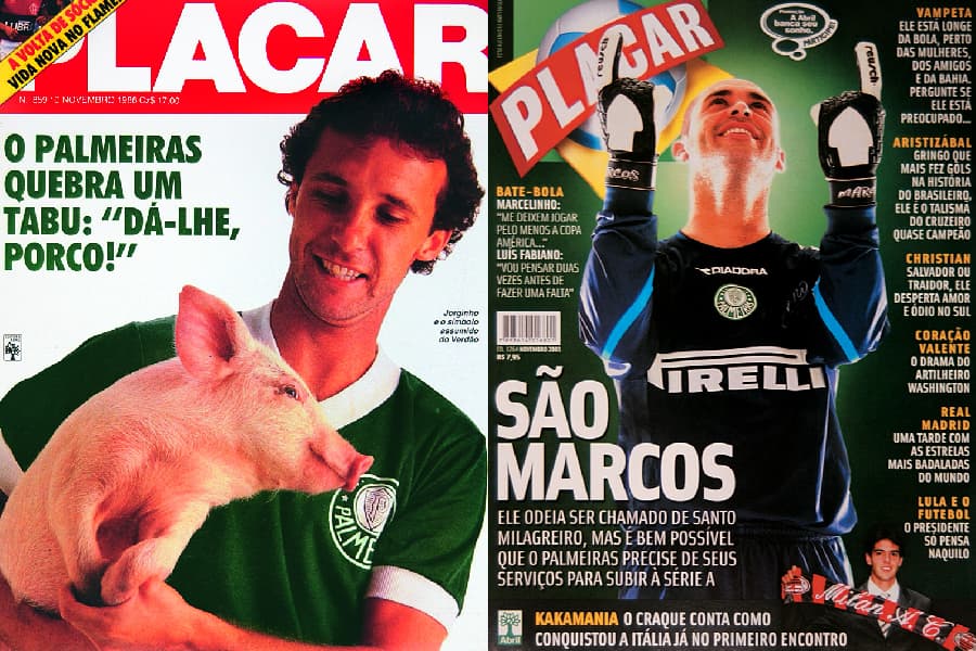 O Palmeiras quebra um tabu: “Dá-lhe um porco!” – Capa da Revista PLACAR edição 859 – 10 de novembro 1986 e São Marcos – Capa da Revista PLACAR edição 1264 – Novembro 2003