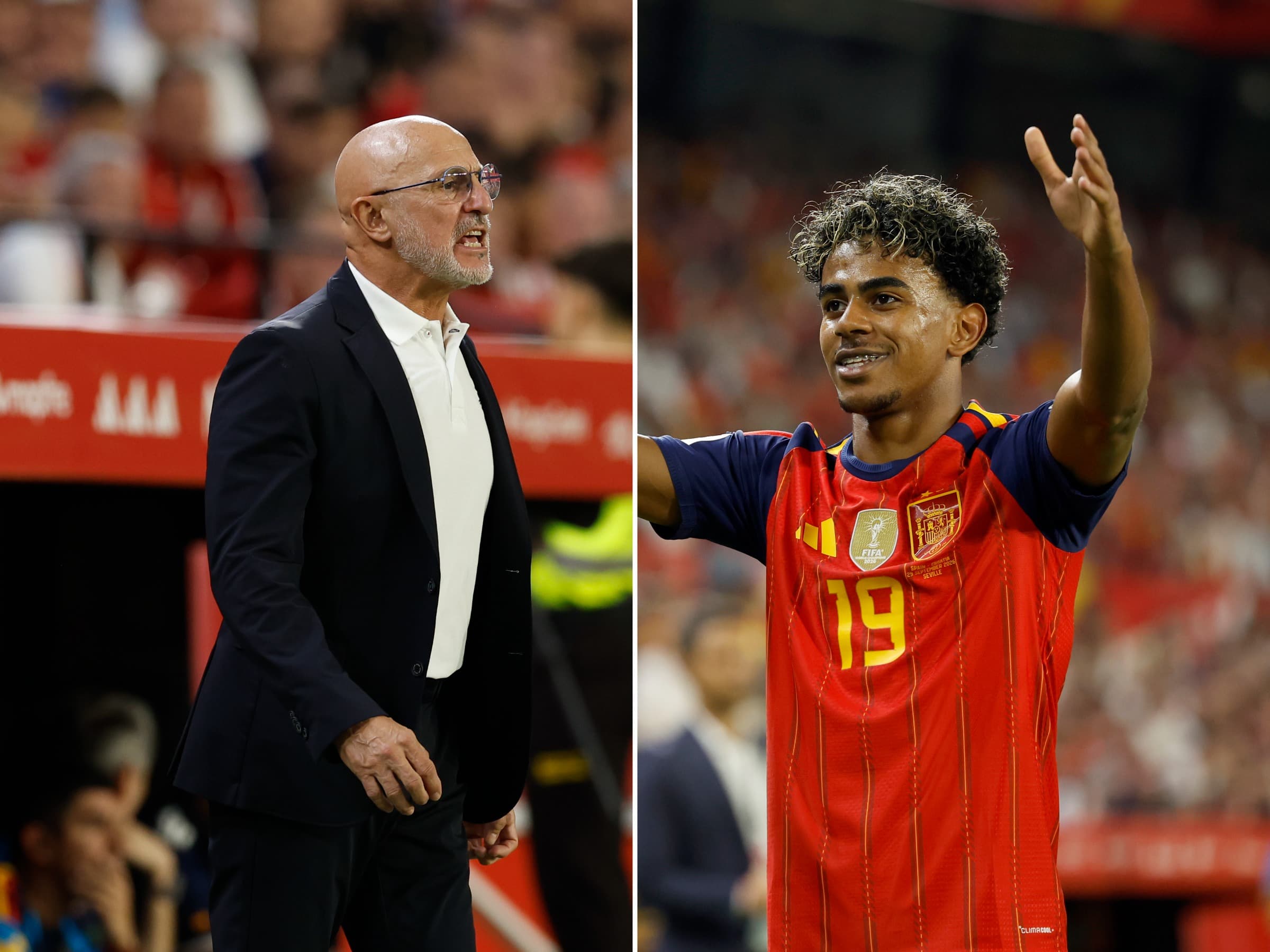 Luis de la Fuente (à esq.), técnico da Espanha, e Lamine Yamal (à dir.), atacante da Espanha - EFE/Julio Muñoz