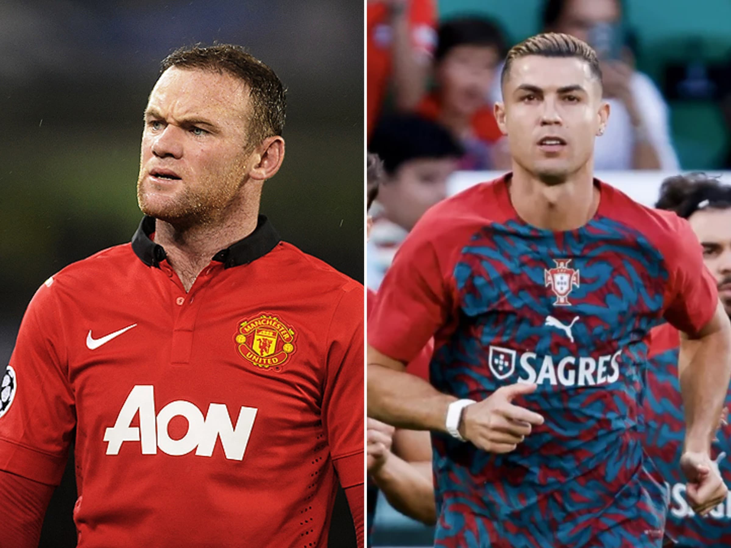 Wayne Rooney com a camisa do Manchester United (à esq.) e Cristiano Ronaldo com a camisa da seleção portuguesa (à dir.) - Reprodução/X/@selecaoportugal
