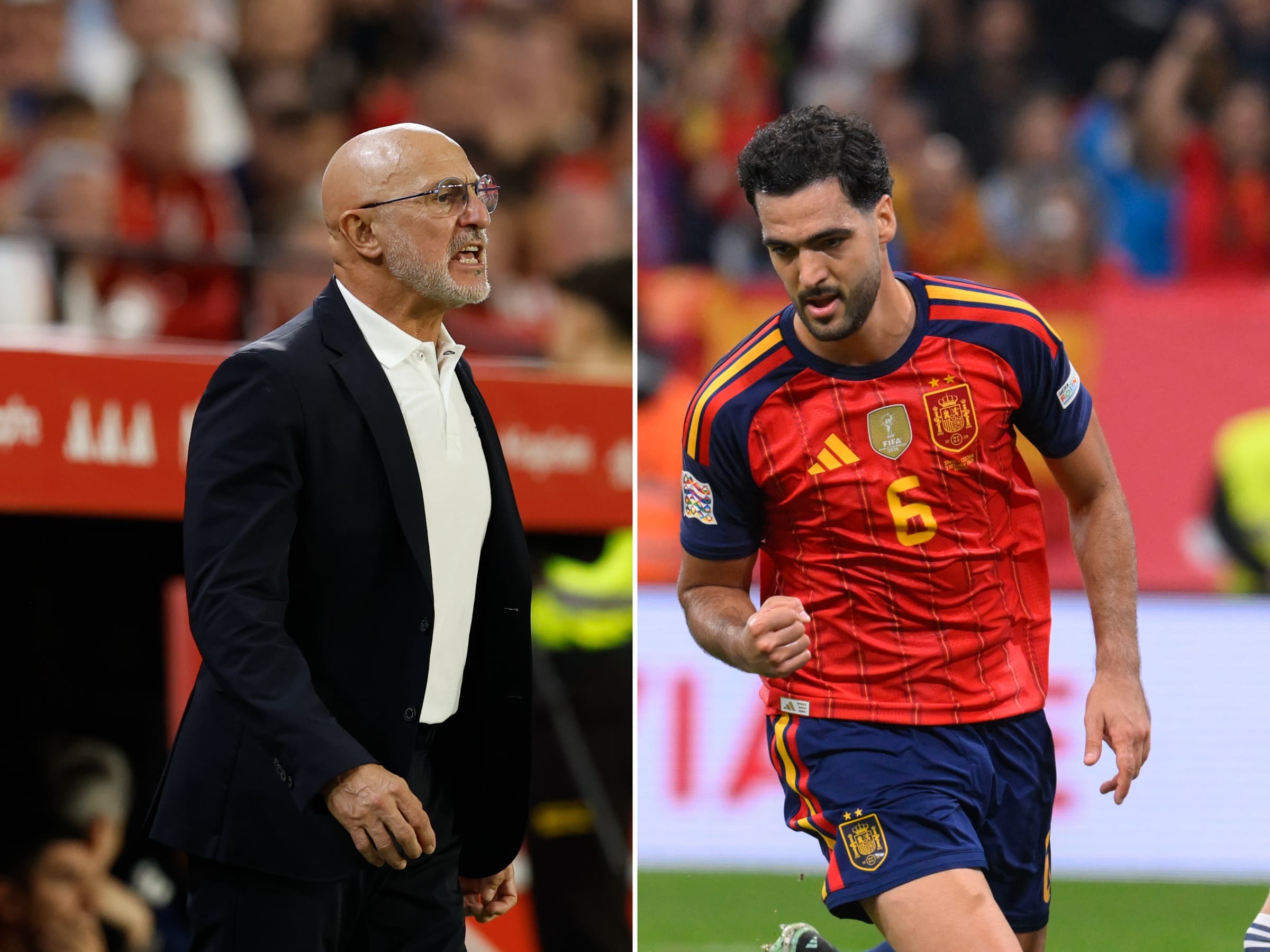 Luis de la Fuent (à esq.), técnico da Espanha, e Mikel Merino (à dir.), meio-campista da Espanha - EFE/Julio Muñoz e EFE/Eloy Alonso